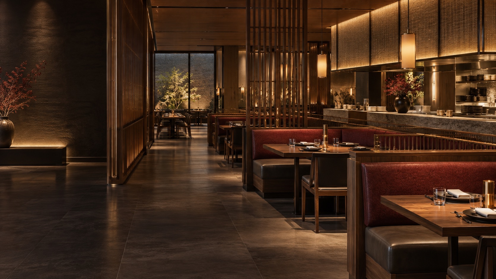 Custom restaurant booths, tables and service counter in a completed Japanese restaurant interior